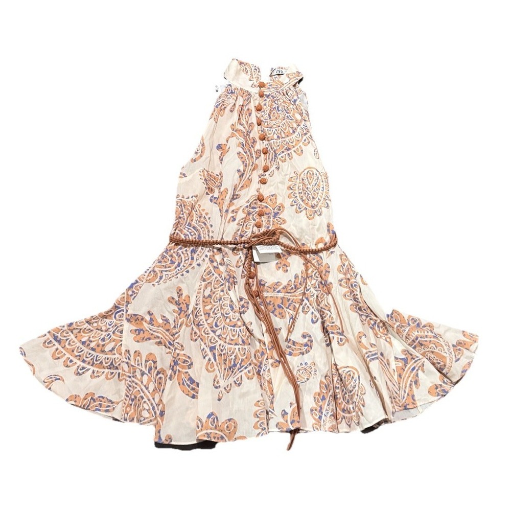 Zara‎ Dress Ivory Cream Tan XXL paisley Belted Dress Halter Neck New - Picture 6 of 7